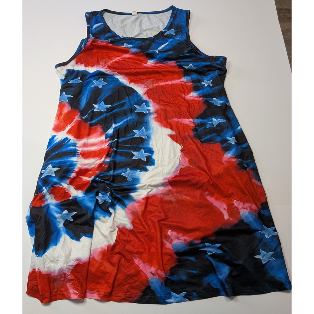 Kan Can Tank Dress Womens XL Red White Blue Excellent Americana Tie Dye Stars